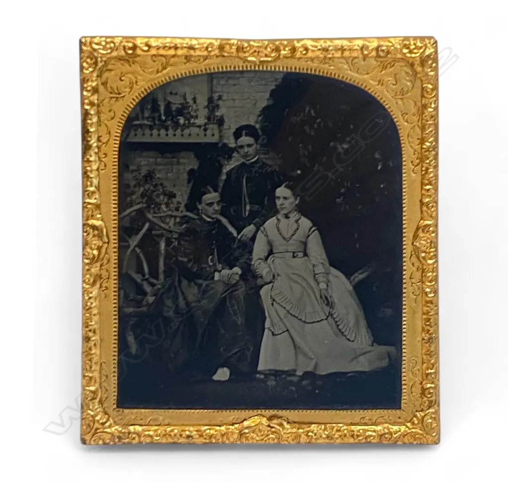 Gilt framed ambrotype - two women seated on a rustic bench - one standing, Image 1++
